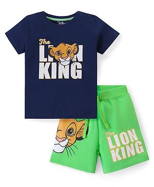Babyhug Disney Cotton Knit Half Sleeves T-Shirt & Shorts Set With The Lion King Graphics - Navy & Green