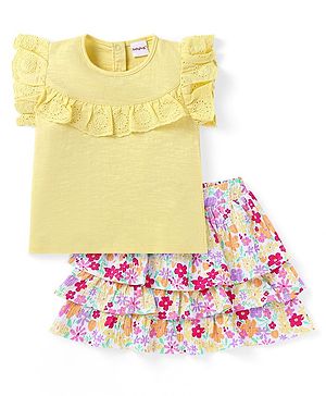 Babyhug Single Jersey Knit Frill Sleeves Solid Colour Top & Floral Printed Layered Skirt - Yellow