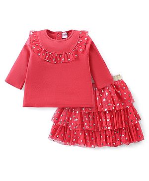 Babyhug Cotton Knit Full Sleeves Top & Layered Skirt Set With Hearts Print - Red