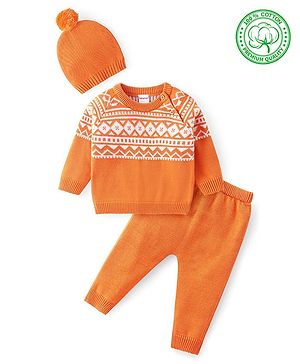 Babyhug Cotton Knit Full Raglan Sleeves Sweater Set with Cap Aztec Design - Orange & White