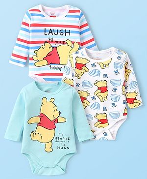 Babyhug Disney Interlock Knit Full Sleeves Striped & Winnie The Pooh Graphics Onesies Pack of 3 - Light Blue & White
