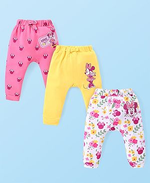 Babyhug Disney Interlock Full Length Diaper Leggings With Minnie Mouse Graphics Pack of 3 - Pink Yellow & White