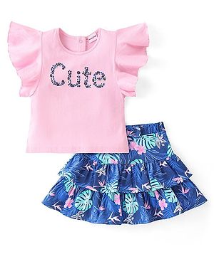 Babyhug Cotton Knit Flutter Sleeves Floral Printed Top & Skirt Set - Pink & Blue