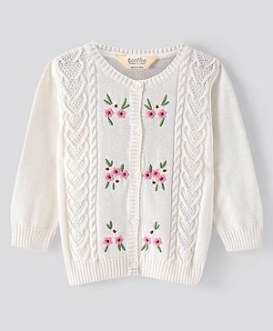 Bonfino 100% Cotton Knit Full Sleeve Front Open Cardigans with Floral Embroidery- White