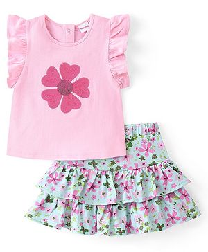 Babyhug Cotton Knit Flutter Sleeves Floral Printed Top & Skirt Set - Pink & Green