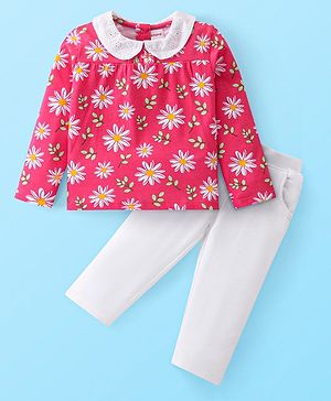 Babyhug Single Jersey Knit Full Sleeves Floral Printed Top & Leggings Set - Red & White