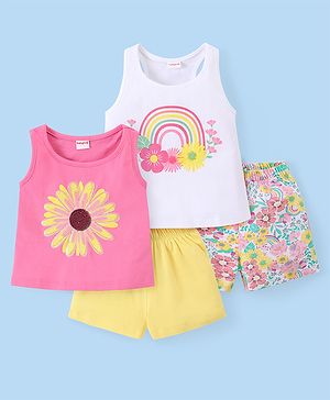 Babyhug Single Jersey Cotton Knit Half Sleeves Teddy Printed T-Shirt & Shorts Set - Green & Navy