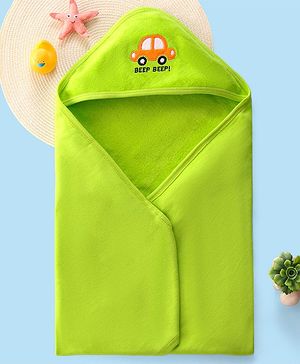 Babyhug Hooded Terry Towel Car Embroidery L 75 x B 75 cm - Green