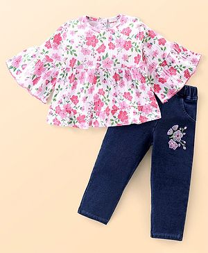 Babyhug Cotton Knit Half Sleeves Top & Denim Jeans Set With Floral Print & Embroidery - White & Blue