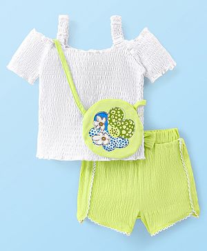 Babyhug Cotton Knit Cold Shoulder Smocking Detailing Top & Crinkle Shorts Set With Floral Sling Bag - White & Green
