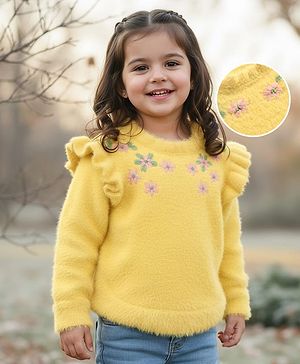 Babyhug Knitted Full Sleeves Extra Soft Hairy Eyelash Yarn Pullover Sweater With Floral Embroidery & Frill Detailing - Yellow