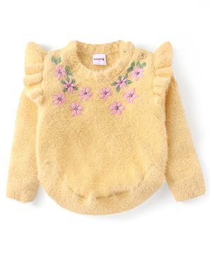 Babyhug Knitted Full Sleeves Pullover Sweater with Floral Design - Yellow