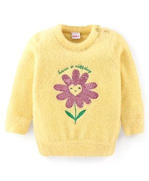 Babyhug Knitted Full Sleeves Pullover Sweater with Floral Design - Yellow