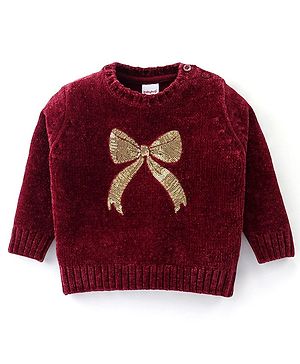 Babyhug Knitted Full Sleeves Pullover Sweater With Bow Design & Sequined - Maroon