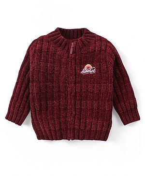 Babyhug Knitted Full Sleeves Front Open Sweater with Text Embroidery - Maroon