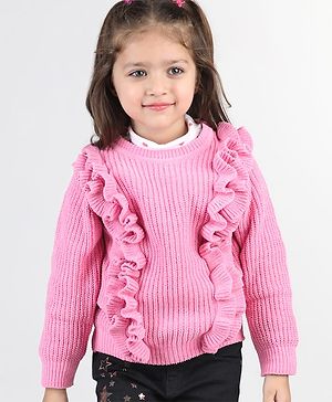 Babyhug Knitted Full Sleeves Pullover Sweater with Frill Detailing -Pink