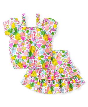 Babyhug Cotton Knit Half Sleeves Top & Skirt Set With Floral Print - Multicolor