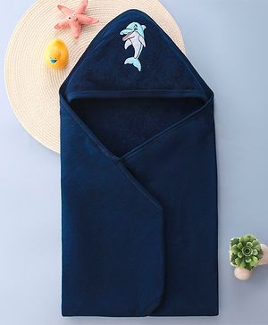 Babyhug Terry Hooded Towel Dolphin Embroidery L 75 x B 75 cm - Navy Blue