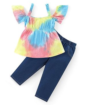 Babyhug Cotton Knit Half Sleeves Cold Shoulder Tie & Dye Top & Pants Set  - Multicolor