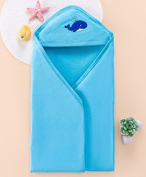 Babyhug Terry Hooded Towel with Whale Patch Detailing L 75 x B 75 cm - Aqua Blue