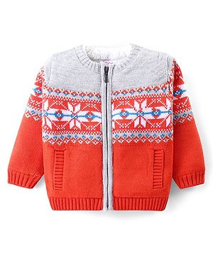 Babyhug Knitted Full Sleeves Front Open Sweater with Floral Design - Red