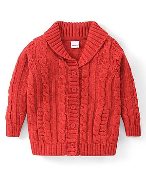 Babyhug Knitted Full Sleeves Front Open Sweater with Cable Knit Design - Red