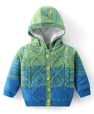 Babyhug Knitted Full Sleeves Hooded Front Open Sweater with Cable Knit Design - Blue & Green