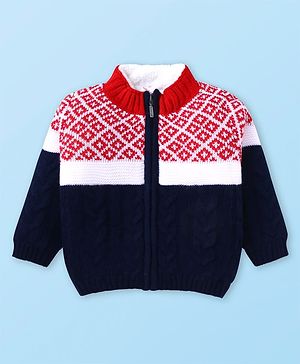 Babyhug Knitted Full Sleeves Front Open High Neck Sweater With Argyle Design - Red & Navy Blue