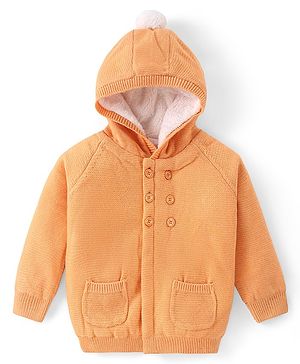 Babyhug Knit Raglan Full Sleeves Solid  Front Open Hooded Sweater- Orange