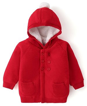 Babyhug Knit Raglan Full Sleeves Solid Front Open Hooded Sweater - Red
