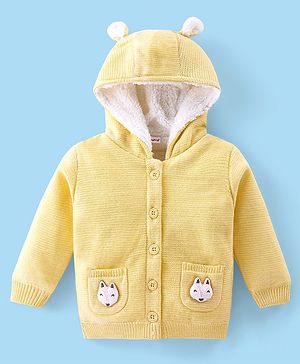 Babyhug Knitted Full Sleeves Hooded Front Open Sweater with Fox Applique - Yellow