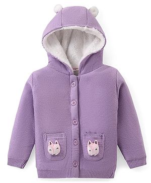 Babyhug Knitted Full Sleeves Hooded Front Open Sweater with Fox Applique - Lavender