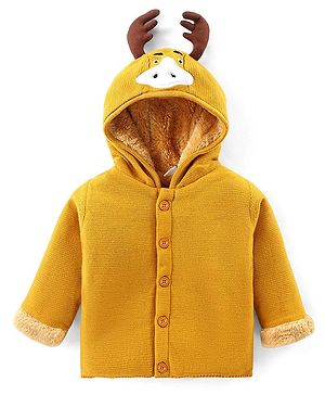 Babyhug Knitted Full Sleeves Hooded Front Open Sweater with Reindeer Applique - Yellow
