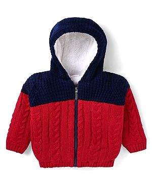 Babyhug Knitted Full Sleeves Front Open Hooded Sweater With Cable Knit Design - Red & Black