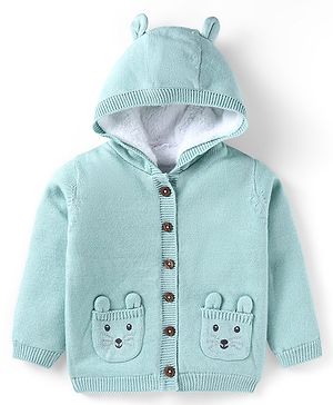 Babyhug Knitted Full Sleeves Front Open Hooded Sweater With Pockets - Light Blue