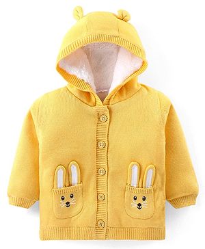 Babyhug Knitted Full Sleeves Hooded Front Open Sweater with Bunny Applique - Yellow