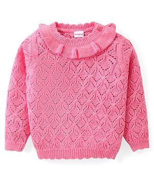 Babyhug Knitted Full Sleeves Pullover Designed Sweater with Frill Detailing - Pink