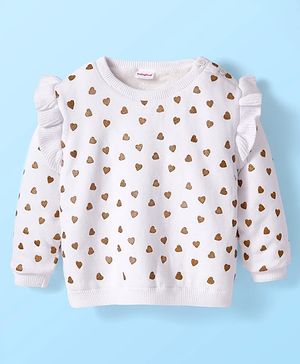 Babyhug Knitted Full Sleeves Pullover Sweater with Glitter Hearts Design & Frill Detailing - White