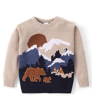 Babyhug Knitted Full Sleeves Pullover Sweater with Scenery Design & Bear Patch - Navy Blue & Cream