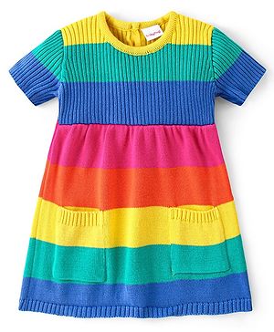 Babyhug Knitted Half Sleeves Woollen Dress with Stripes Design - Multicolour