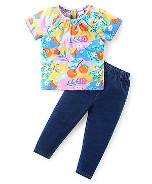 Babyhug Cotton Knit Half Sleeves Top & Jeans Set With Floral Print - Multicolor
