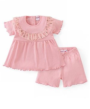 Babyhug Cotton Knit Half Sleeves Top & Shorts Set With Frill Detailing - Pink