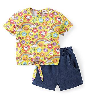 Babyhug Cotton Knit Half Sleeves T-Shirt & Shorts Set With Floral Print - Multicolor