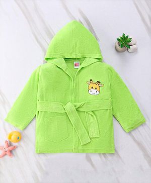 Babyhug Cotton Terry Knit Full Sleeves Hooded Bath Robe with Pocket Cow Embroidery - Green