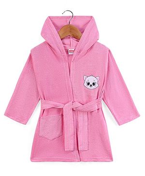 Babyhug Cotton Terry Knit Full Sleeves Hooded Bath Robe with Pocket Cat Embroidery - Pink