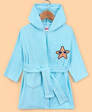 Babyhug  Cotton Terry Knit Full Sleeves Hooded Bath Robe with Pocket Star Fish Embroidery - Blue