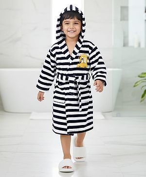 Babyhug Cotton Terry Knit Full Sleeves Striped  Hooded Bath Robe with Car Embroidery - White & Black