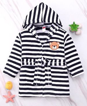 Babyhug Cotton Knit Full Sleeves Striped Hooded Bath Robe With Teddy Patch - Black & White
