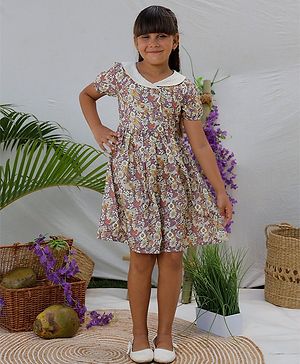 Tiny Twills Half Sleeves Schiffli Detailed Floral Printed Dress - Multi Colour