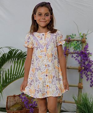 Tiny Twills Rayon Half Sleeves Floral Printed & Lace Embellished Dress - Lavender